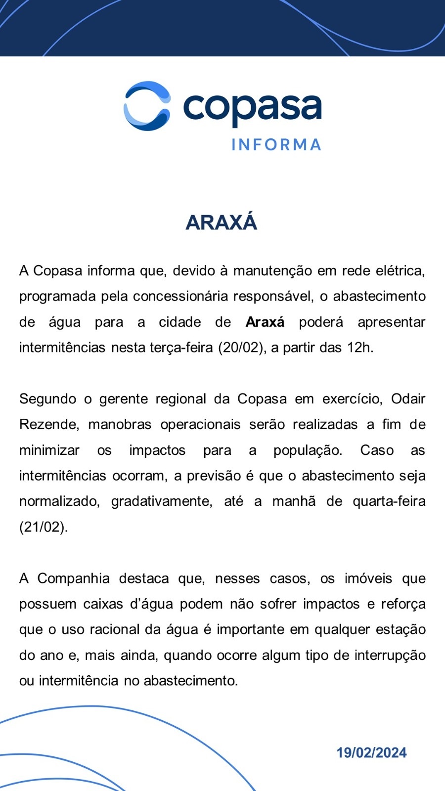 Copasa informa que abastecimento de água em Araxá pode apresentar